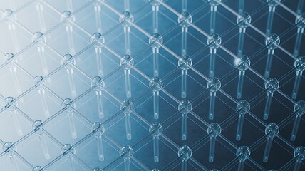 Intricate molecular structure with blue tones and interconnected nodes representing data network and scientific exploration