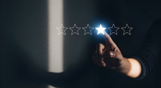Hand touching a glowing star for an excellent customer service rating