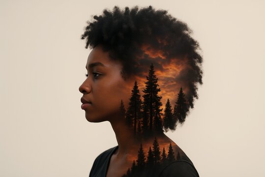 Surreal double exposure of a young woman with afro hairstyle blending into a dramatic forest sunset scene in profile view on beige background. Ai generative