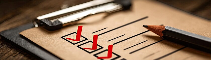 Clipboard with rules checklist and red checkmarks concept. Close-up of a checklist with checkmarks and a pencil.