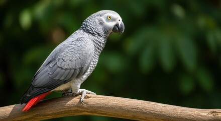 Obraz premium Elegant African Grey Parrot Perched on Branch, Vivid Red Tail Feathers