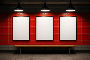 Three vertical blank posters mockup on red tiled subway wall with bench under spotlight, great for advertising, branding or product display concepts. Ai generative