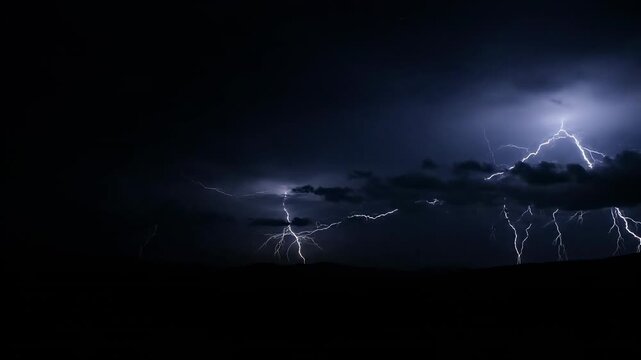 Night sky timelapse showcasing an electrical storm with frequent, distant lightning flashes over a dark horizon epic, lightning, powerful