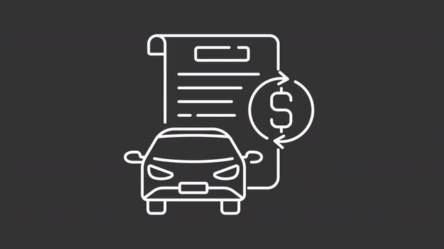Animated car title loan white line icon. Using vehicle as collateral animation. Pawnshop service. Auto selling contract. Financial aid. Isolated element on dark background. Alpha transparent video