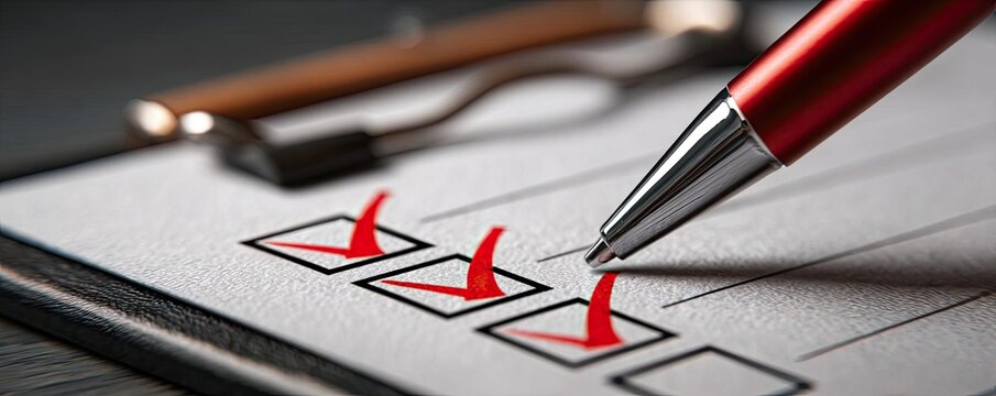 Clipboard with rules checklist and red checkmarks concept. Close-up of a checklist being marked off with a red pen.