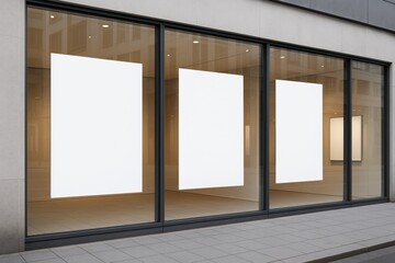 Blank posters on glass storefront windows in urban setting with modern building reflection, perfect for advertising, branding or product display mockup. Ai generative