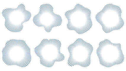 Set of abstract radial vector waveforms in circular form, representing audio pulse variations, sound rings, and spectrum icons for music, tech, or interface design