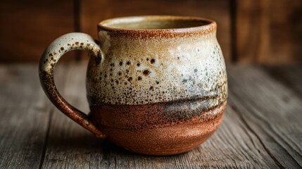 A handcrafted mug sits quietly on a wooden table showcasing its unique glaze and texture.