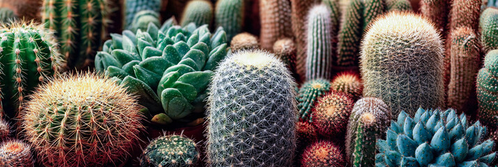 Close up shot of a variety of cacti and succulents in a botanical garden or desert environment