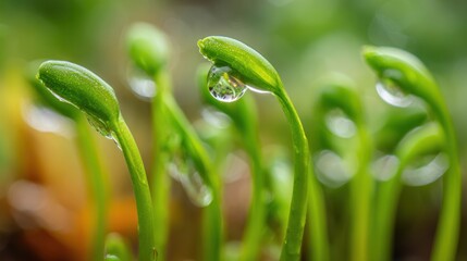 New sprouts emerge in a lush garden adorned with glistening water droplets showing freshness.