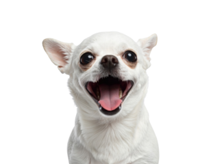 A smiling white Chihuahua with large expressive eyes, showcasing its playful and friendly demeanor.