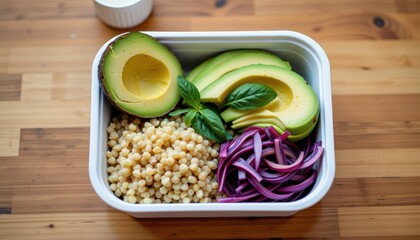 Fresh avocado slices with grains and red onions in a container on a wooden surface.
