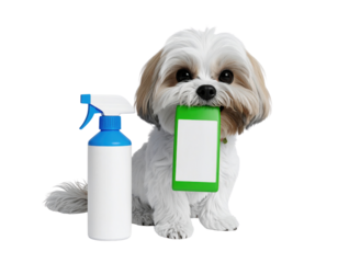 A small dog holds a green name tag in its mouth, positioned next to a spray bottle.