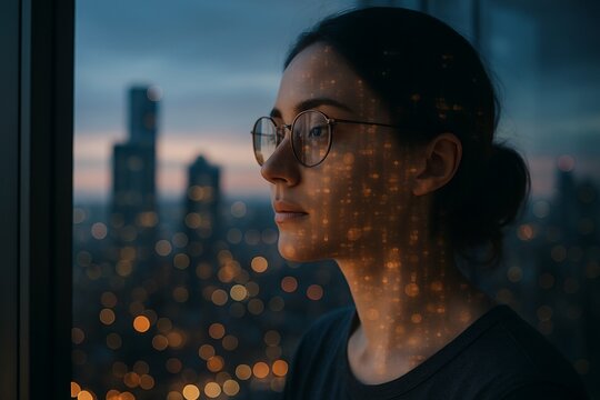 Woman with glasses gazing through window at night city lights, digital pattern overlay reflecting futuristic technology and introspection concept. Ai generative