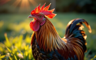 Fototapeta premium Vibrant rooster illuminated by sunlight in a lush green setting.