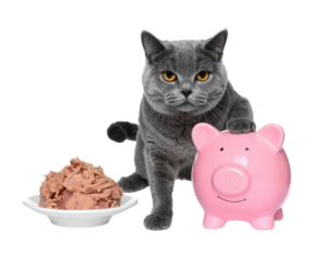 A gray cat sits beside a pink piggy bank and a bowl of cat food, showcasing an interesting juxtaposition of pets and savings.