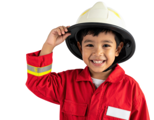 A cheerful boy wearing a firefighter helmet and a red uniform, smiling and waving.