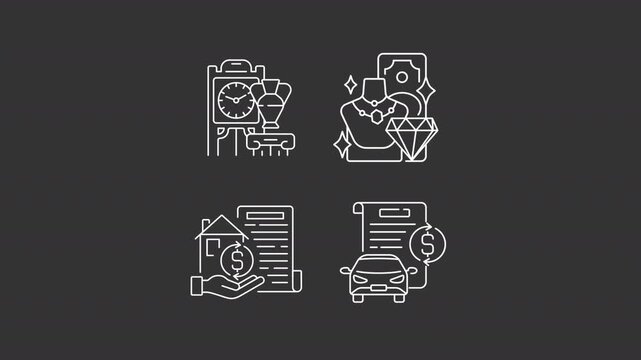 Animated valuable collateral white line icons. Taking out pawnshop loan animation set. Antiques, jewelry, house and car pawning. Isolated elements on dark background. Alpha channel HD video