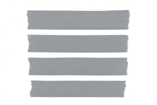 Grey adhesive tape strips with ragged edges, ready for text or visuals. Isolated on a transparent background