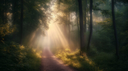 Fototapeta premium A misty forest trail bathed in soft sunlight, creating a serene and ethereal atmosphere. Ideal for nature photography, environmental projects, wallpapers, or wellness-themed visuals.
