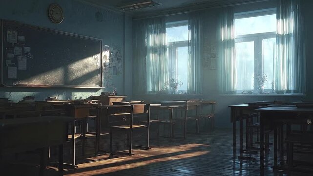 A sunlit classroom features wooden desks and chairs a chalkboard and sheer curtains over large windows