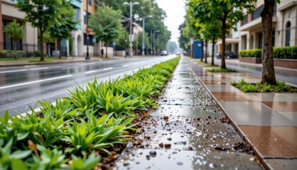 Wet street lined with greenery after rain, showcasing urban tranquility.