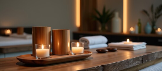 Spa setting featuring candles and towels on a wooden counter, evoking tranquility.