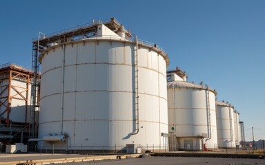 Obraz premium Industrial storage tanks against a clear blue sky.