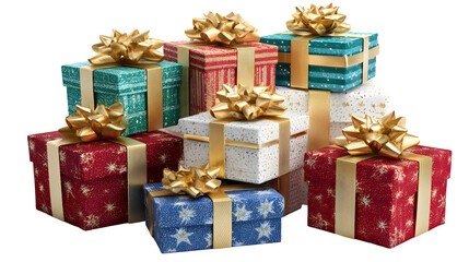 Stack of festive gift boxes, isolated on transparent background