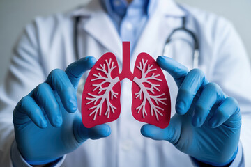 Doctor in white coat and blue gloves holding anatomical lungs model, promoting lung health and disease awareness