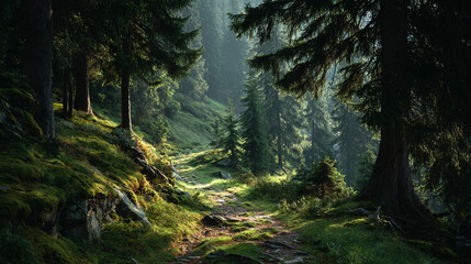 Obraz premium A misty forest trail bathed in soft sunlight, creating a serene and ethereal atmosphere. Ideal for nature photography, environmental projects, wallpapers, or wellness-themed visuals.
