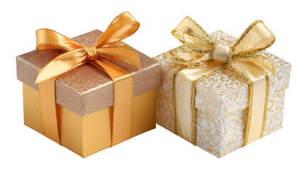 Golden Gift Boxes with Ribbons, isolated on transparent background