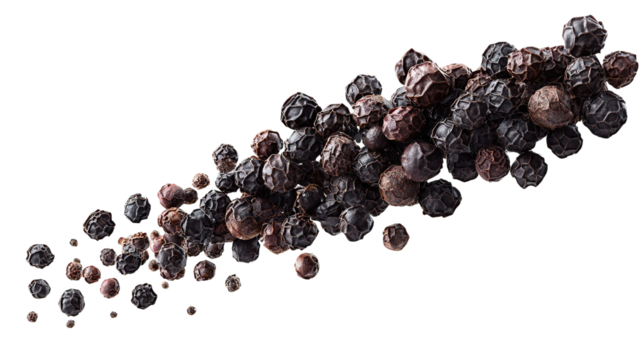 Black pepper on a white background. The view from top.