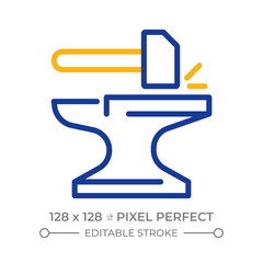 Forging two color line icon. Blacksmith anvil, hammer. Metal processing, industry. Handwork equipment bicolor outline symbol. Duotone linear pictogram. Isolated illustration. Editable stroke