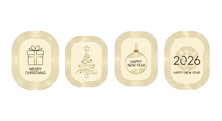 Set of golden Christmas and New Year icons with gift, tree, bauble and 2026 year.