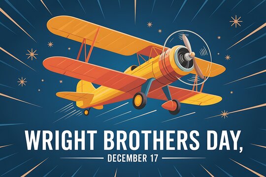 Yellow biplane in sky for wright brothers day december 17