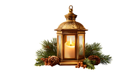 Festive Christmas Lantern with Evergreen Decor, isolated on transparent background