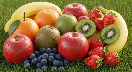 A vibrant assortment of fresh, nutrient-rich fruits displayed on lush green grass.
