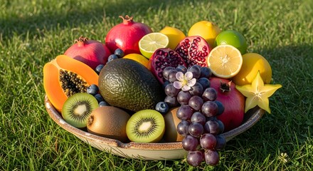 A vibrant bowl of tropical and exotic fruits glowing under the sunlight