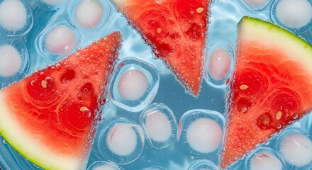 crisp watermelon slices floating among glistening ice cubes, bursting with color and freshness