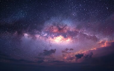 Naklejka premium Vast night sky filled with twinkling stars and colorful nebulae, showcasing the beauty of the universe in a breathtaking cosmic landscape with deep space elements