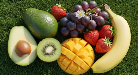 A vibrant bowl of tropical and exotic fruits glowing under the sunlight. top view