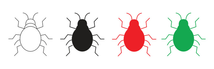 Collection of four bug icons in various styles and colors, including outline, solid black, red, and green