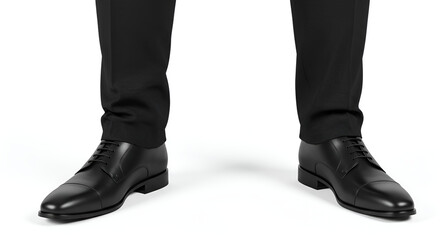 A pair of black dress shoes worn with formal pants, showcasing a professional and elegant style on a clean white background.