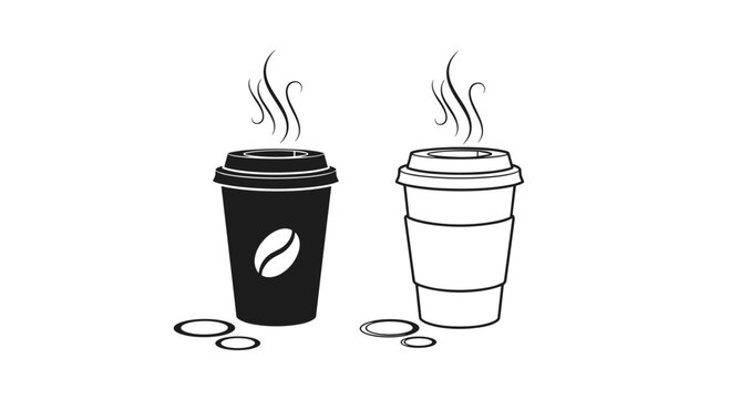 Two steaming coffee cups, one black with a coffee bean logo and one outlined with a paper sleeve.