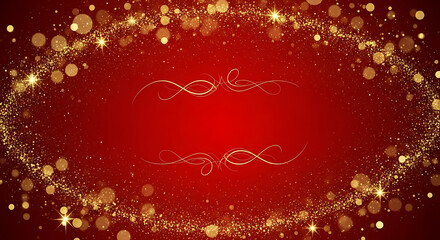 A festive red background with golden bokeh lights and decorative swirls for holiday celebrations