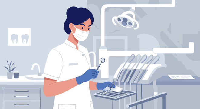 Dental professional in modern clinic setting with surgical tools and equipment