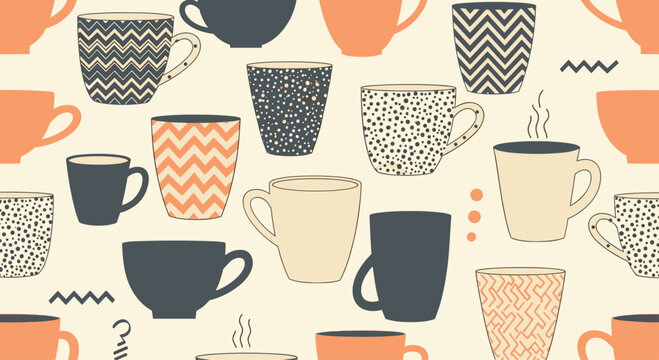 A whimsical pattern featuring various illustrated coffee mugs against a cream-colored backdrop, perfect for design elements or backgrounds.