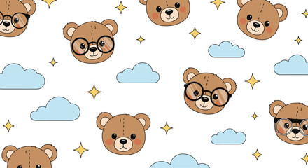Obraz premium Playful pattern featuring adorable teddy bears with glasses, clouds, and stars on a white background, perfect for children's designs and more.