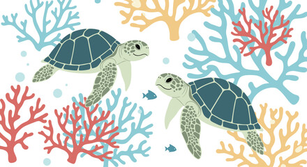 An illustration of two sea turtles swimming amongst coral reefs and fish in the ocean.